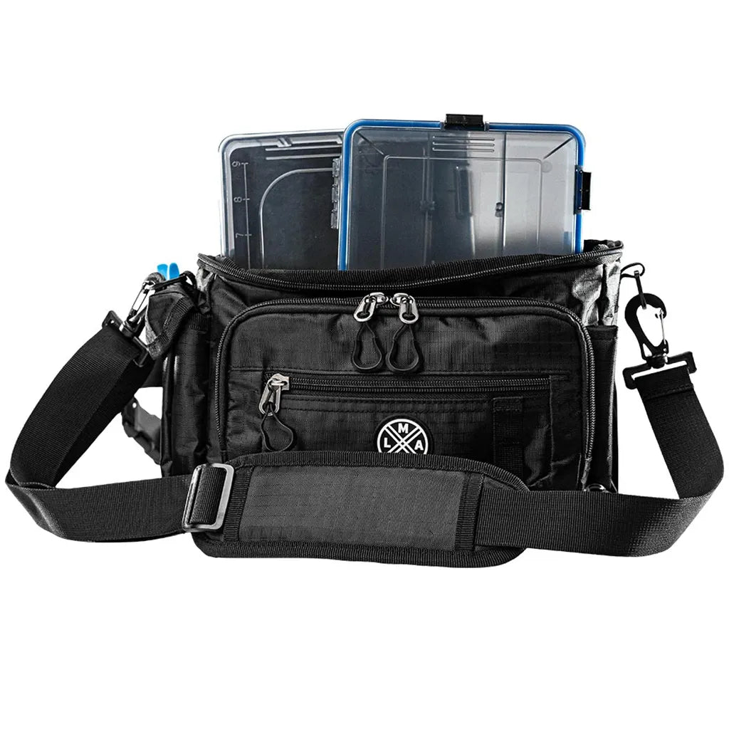 LMAB MOVE Hip Shoulder Bag: Front View Loaded with Tackle Boxes